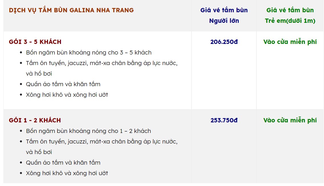 bảng giá tắm bùn Galina Nha Trang